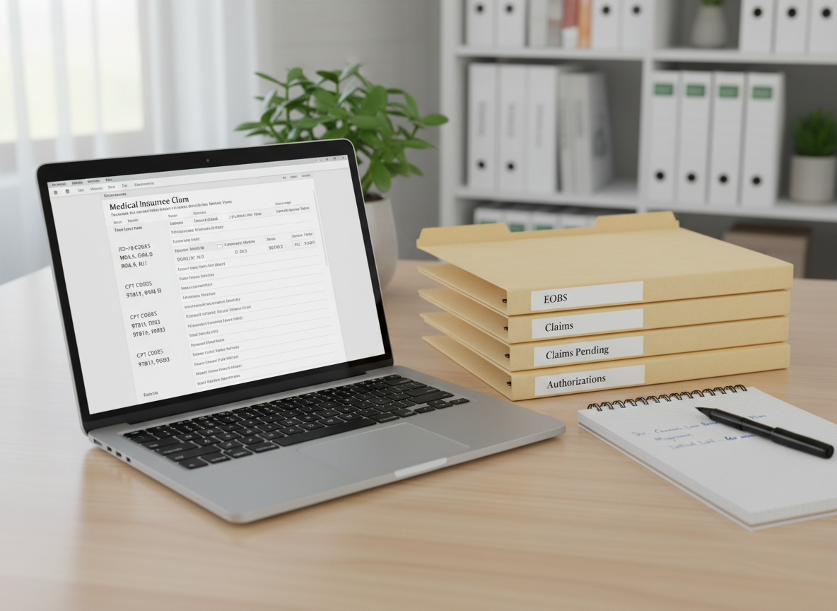 A neatly organized acupuncture billing workspace, featuring a sleek silver laptop displaying a detailed insurance claim form with ICD-10 and CPT codes clearly visible on screen. Beside it lies a stack of crisp, labeled folders marked “EOBs,” “Claims Pending,” and “Authorizations,” along with a tidy notepad showing handwritten acupuncture-related diagnosis notes. The desk is a light wood surface in a modern office with a blurred background of shelves holding reference binders and a small jade plant. Soft natural daylight from an unseen window casts gentle, professional illumination, creating subtle reflections on the laptop and a calm, focused atmosphere. Photographic realism, shot at eye level with a shallow depth of field, emphasizing clarity, order, and trustworthiness in medical billing.