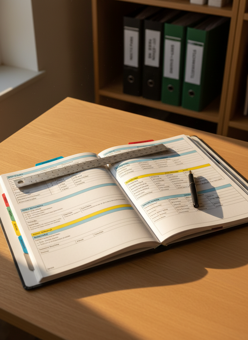 A specialized acupuncture fee schedule and coding reference binder open on a smooth, light oak table, revealing neatly formatted pages of acupuncture-specific CPT codes, modifiers, and payer rules, each section separated by color-coded tabs. A slim metal ruler and a fine-tipped pen rest across the open pages, indicating active review. In the softly blurred background, shelves hold additional labeled binders for “New York Payers,” “Out-of-State Plans,” and “Telehealth Acupuncture Policies.” Warm late-afternoon sunlight streams in from a side window, casting soft, elongated shadows and a gentle glow over the workspace. Photographic realism, captured from an overhead three-quarter angle, with the composition highlighting meticulous organization and deep specialization in acupuncture and TCM billing details.