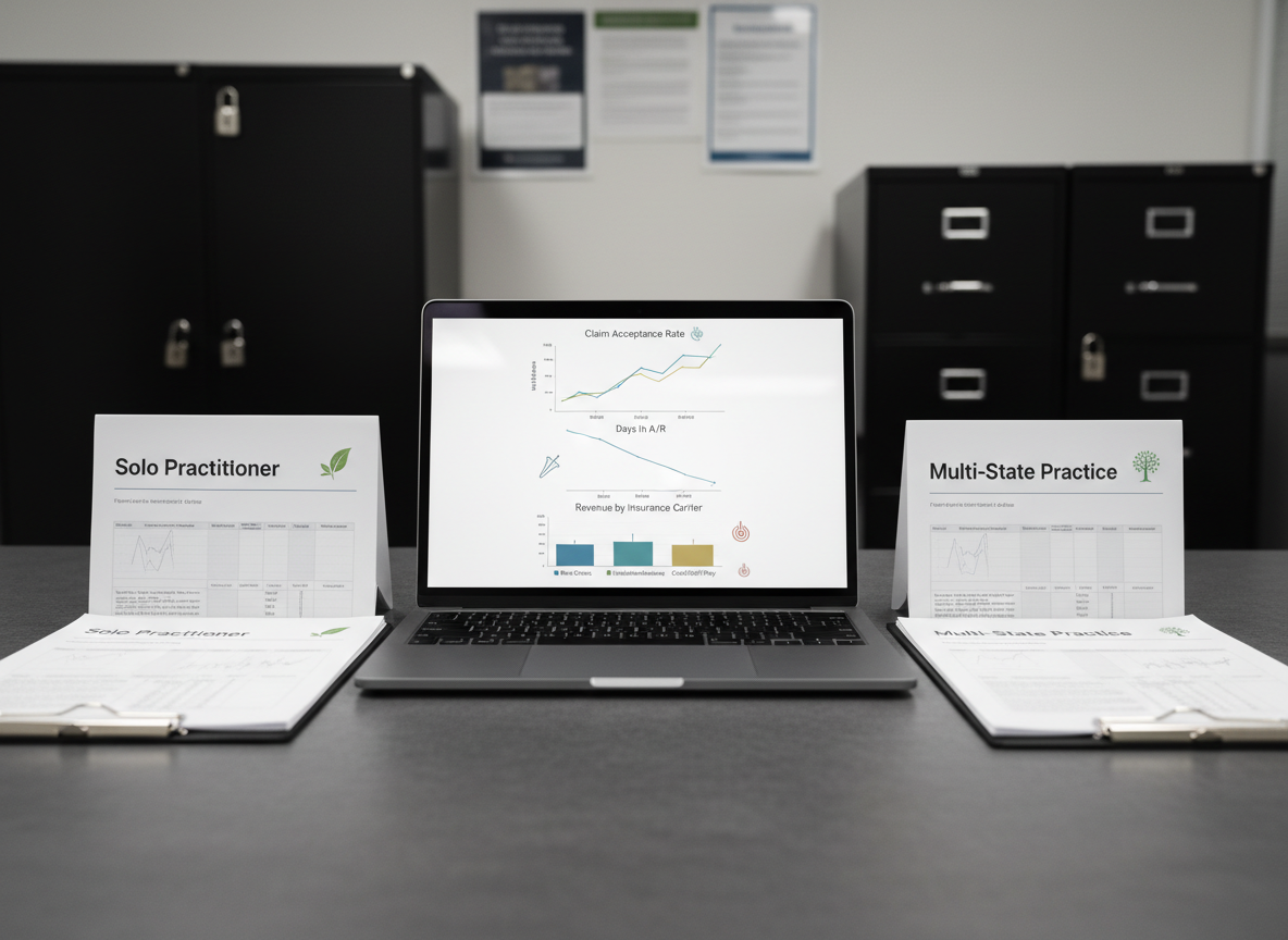 A high-level financial overview tailored for an acupuncture clinic, displayed on a slim laptop screen showing clear graphs of claim acceptance rates, days in A/R, and revenue by insurance carrier, all labeled with subtle acupuncture icons like stylized meridians and needles. Surrounding the laptop on a charcoal-gray desk are printed monthly reports clipped neatly, each titled with different clinic sizes such as “Solo Practitioner,” “Multi-Room Clinic,” and “Multi-State Practice.” Overhead, bright but diffused office lighting creates a clean, evenly lit environment with mild reflections on the screen. The background is softly out of focus, hinting at a professional office with locked filing cabinets and compliance posters. Photographic realism, composed with symmetrical balance and sharp focus on the analytics, evoking confidence, scalability, and strategic billing insight for acupuncture and TCM practices.