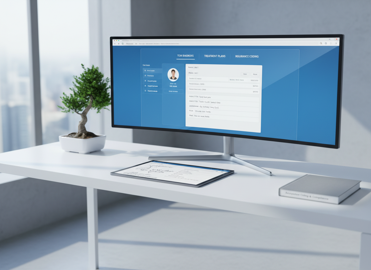 A modern, paperless acupuncture billing setup with a large, ultra-wide monitor displaying a clean, intuitive billing software interface customized for acupuncture clinics, including tabs for TCM diagnosis, treatment plans, and insurance coding. A digital tablet rests in front of the monitor, showing handwritten acupuncture SOAP notes being seamlessly converted into structured billing fields. The setup sits on a minimalist white desk with only a small bonsai tree and a closed reference manual titled “Acupuncture Coding & Compliance.” Cool, bright natural light from a nearby window fills the room, producing soft shadows and a clear, analytical atmosphere. Photographic realism, shot from an eye-level angle with moderate depth of field, conveying efficiency, technology-forward service, and accuracy across clinics of all sizes.