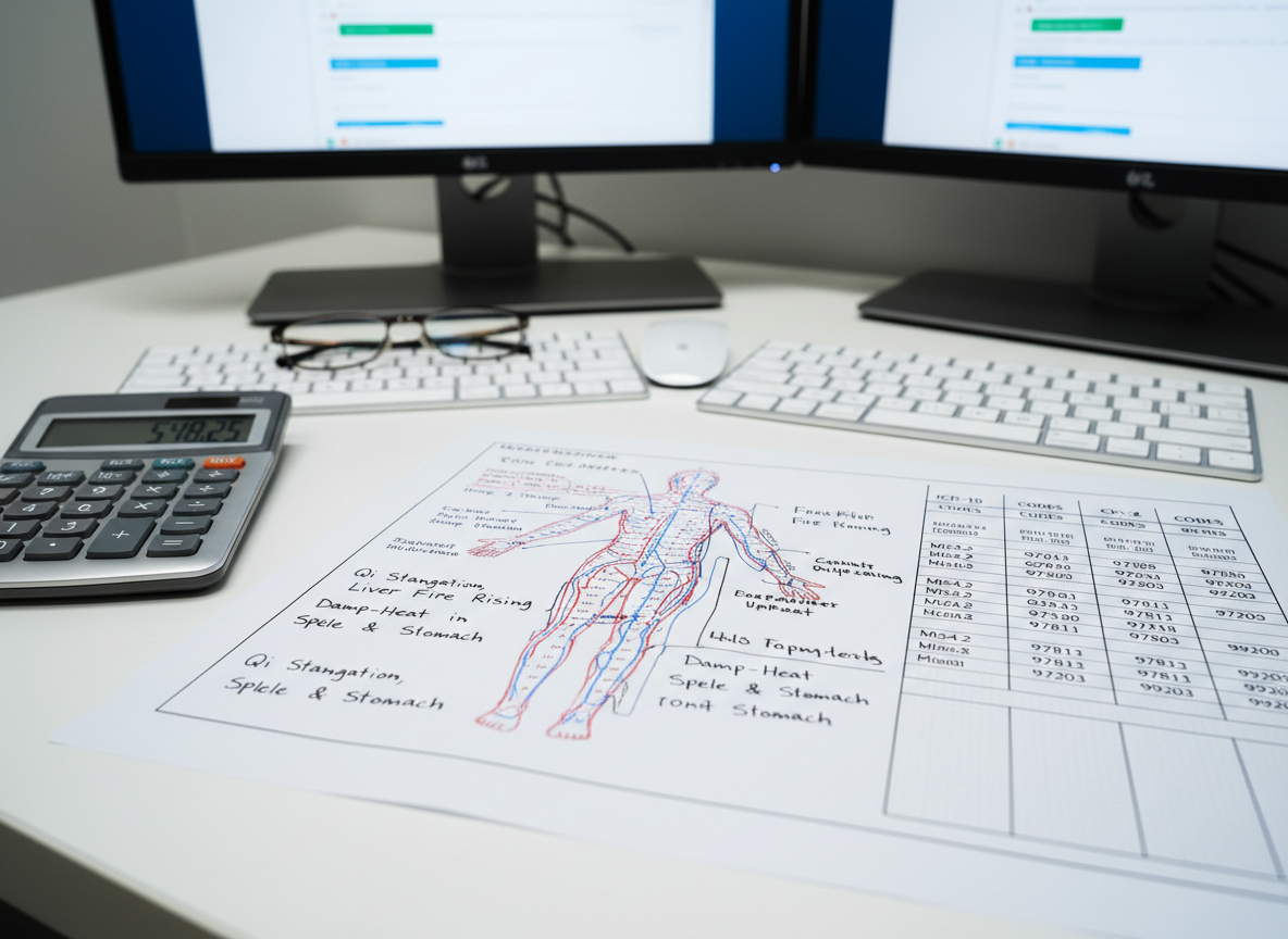 A close-up view of a detailed acupuncture treatment chart laid out on a clean white desk, showing meridian diagrams and TCM diagnosis notes neatly annotated beside columns of ICD-10 and CPT insurance codes. A high-quality calculator, a wireless keyboard, and a pair of slim reading glasses rest nearby, suggesting precise billing work in progress. In the softly blurred background, a dual-monitor setup displays a secure medical billing dashboard. Cool, diffused office lighting creates an even, professional tone with minimal shadows. The composition follows the rule of thirds from a slightly elevated angle, emphasizing accuracy, organization, and deep familiarity with acupuncture-specific documentation in a realistic, modern photographic style.
