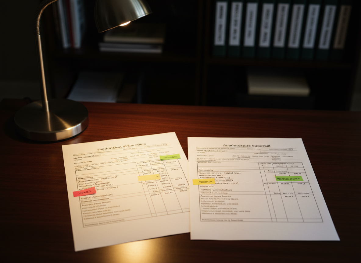 An insurance explanation of benefits (EOB) document and acupuncture superbill placed side by side on a smooth, dark wood desk, both forms filled with clearly legible acupuncture procedure descriptions and corresponding codes. Color-coded sticky tabs mark important sections like “denied,” “approved,” and “pending review.” A slim, brushed-metal desk lamp casts warm, focused light over the papers, creating a contrast between the illuminated workspace and a softly shadowed office background where neatly aligned binders labeled by state and payer type sit on a shelf. Photographic realism, captured from a slightly angled top-down perspective, with crisp focus on the text and a calm, methodical mood that conveys expertise in navigating insurance for acupuncture clinics.